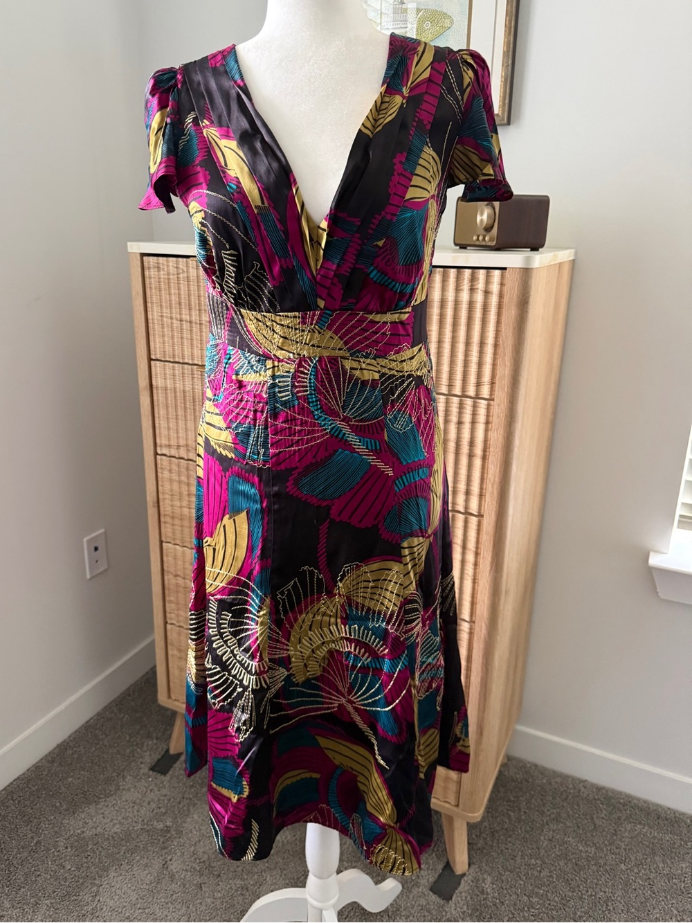 Monsoon silk tropical motif s-6 gold embroidered dress